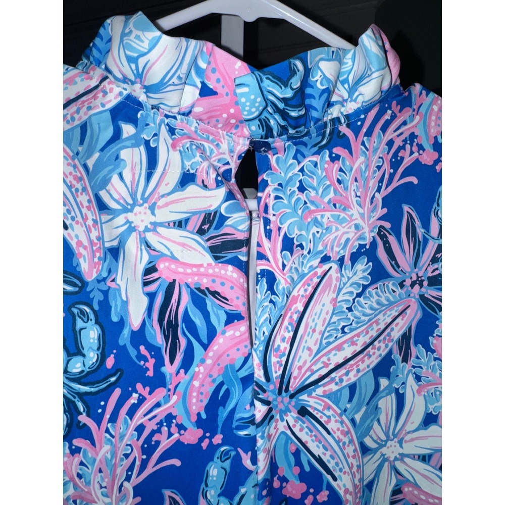 Simply Southern Ruffle Mock Neck Puff Sleeve Performance Top UPF 50+ Blue Pink L - Picture 7 of 8